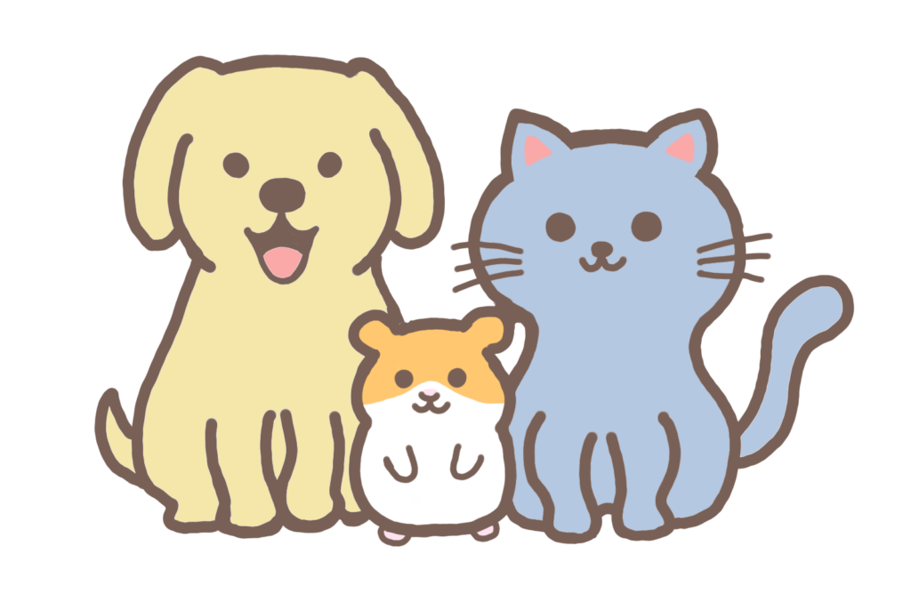 犬、ハムスター、猫が横に並んでいるイラスト